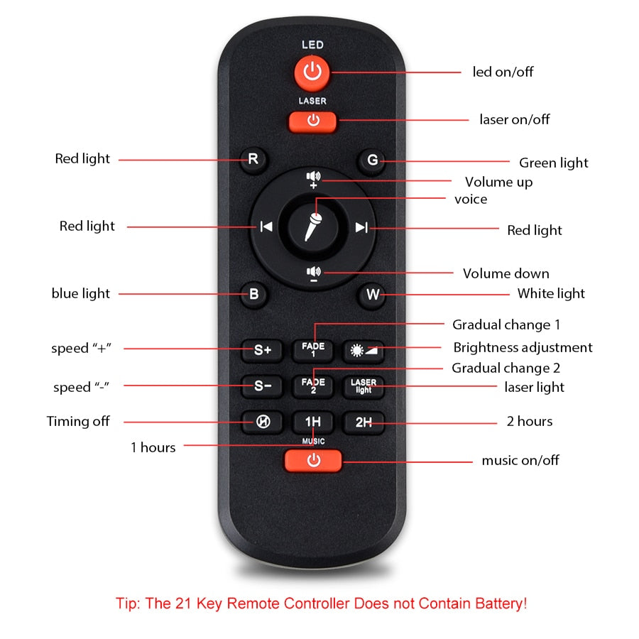 Remote controller for the Starry Night Sky Projector. It has 21 different keys. 